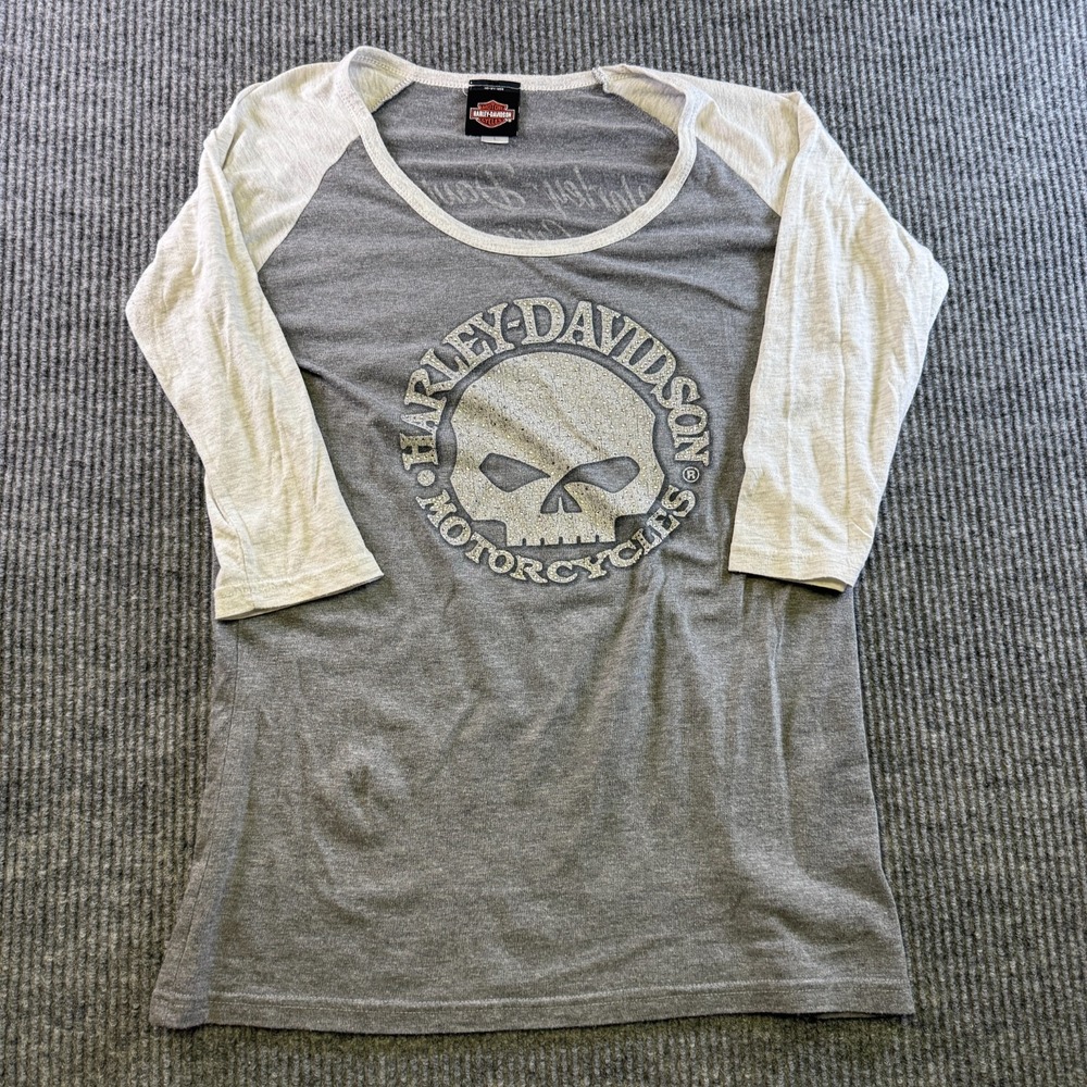 Harley Davidson Womens L Gray Raglan Shirt Curacao Skull Graphic 3/4 Tee